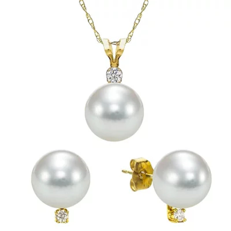 8-8.5Mm Akoya Pearl with 0.03 CT. T.W. Diamond Pendant and Earring Set in 14K Ye