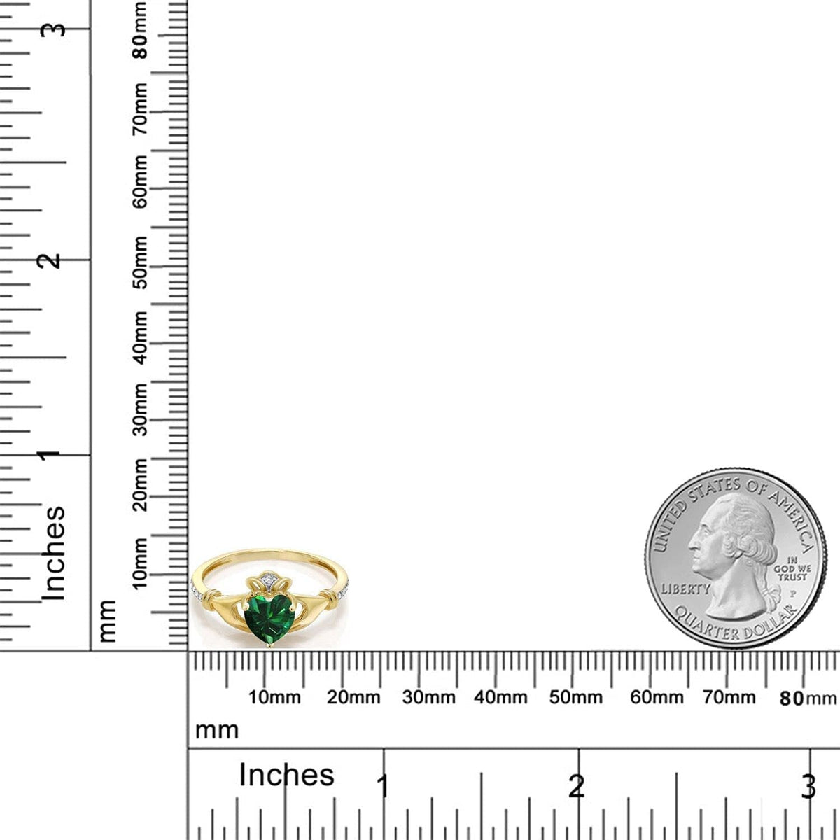 10K Yellow Gold Green Simulated Emerald and Diamond Accent Irish Celtic Claddagh