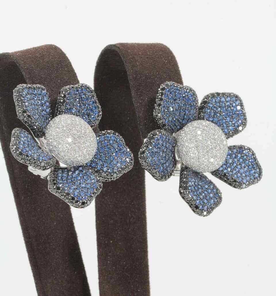 Large Sapphire Diamond Flower Ear Clips