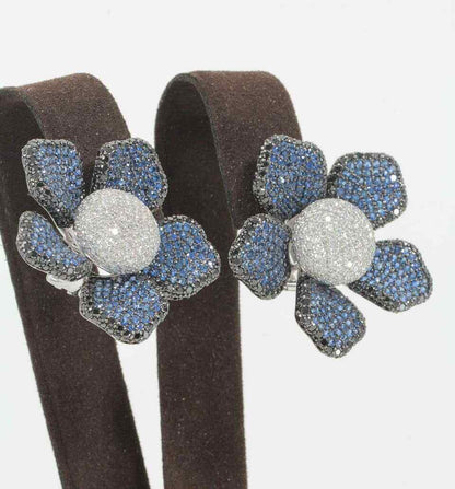 Large Sapphire Diamond Flower Ear Clips