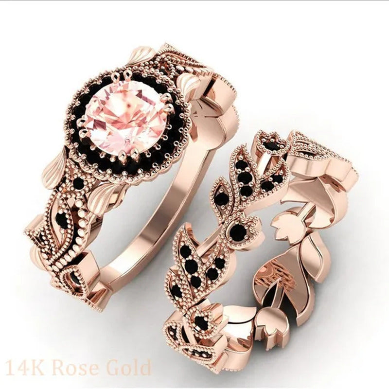 2 Pieces/Set of Exquisite Fashion Ideas 14K Rose Gold Ring Black Diamond Ring Fl