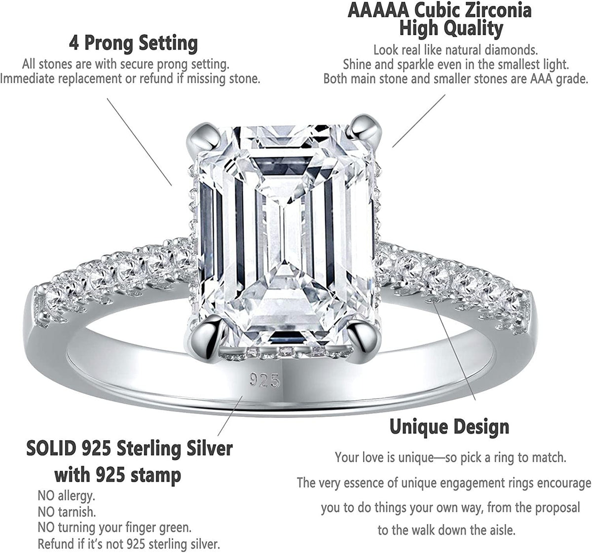 SHELOVES 3 Carat Emerald Cut Engagement Rings AAAAA White Cz 925 Sterling Silver