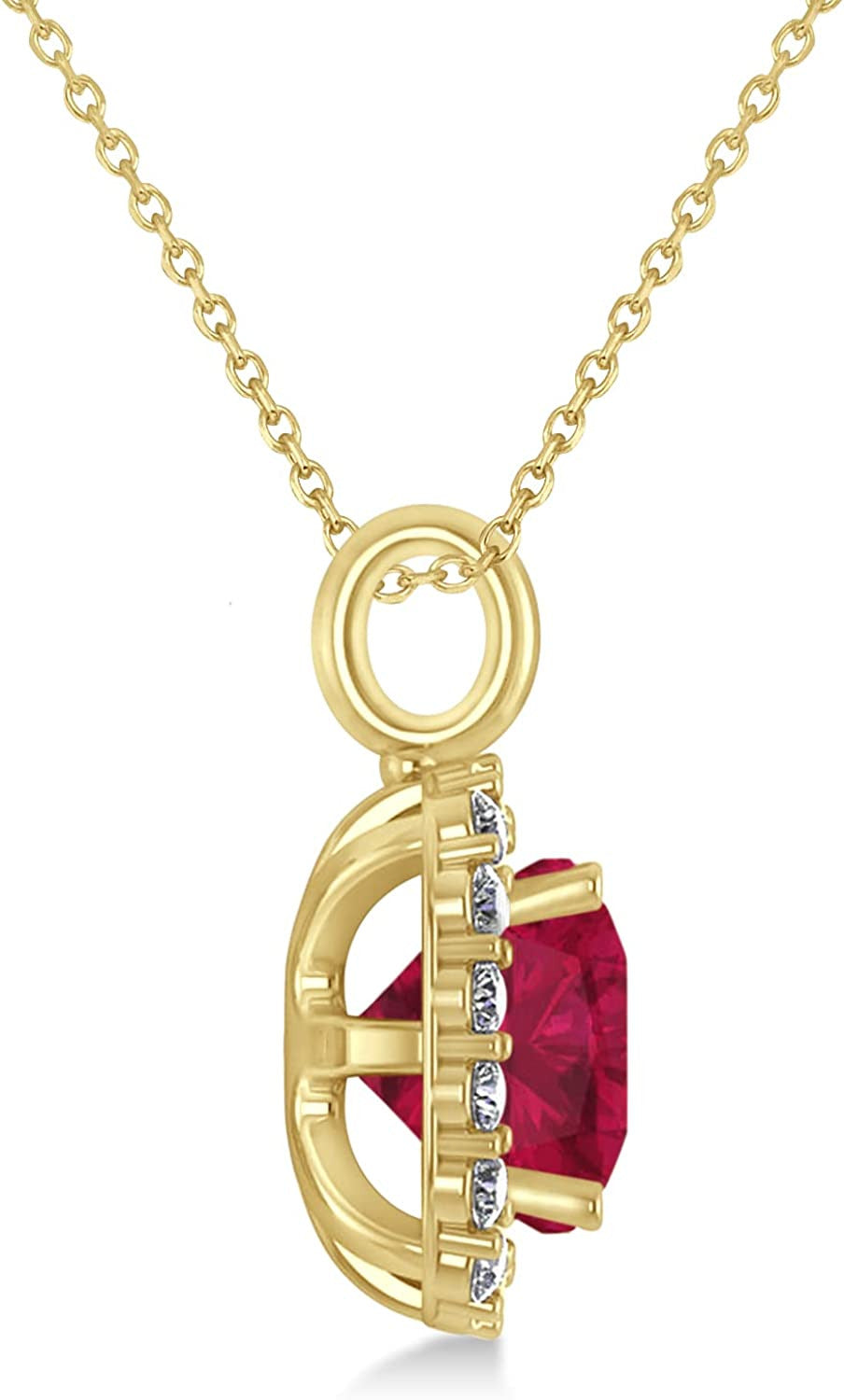 14K Gold (2.76Ct) Cushion Cut Ruby and Diamond Halo Pendant with 14K Gold Chain