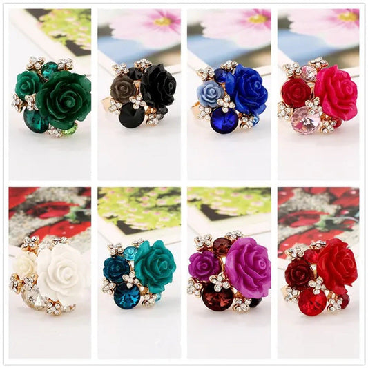 Women'S Fashion Hand Ornaments Inlaid Rhinestones Personality Resin Roses Flower
