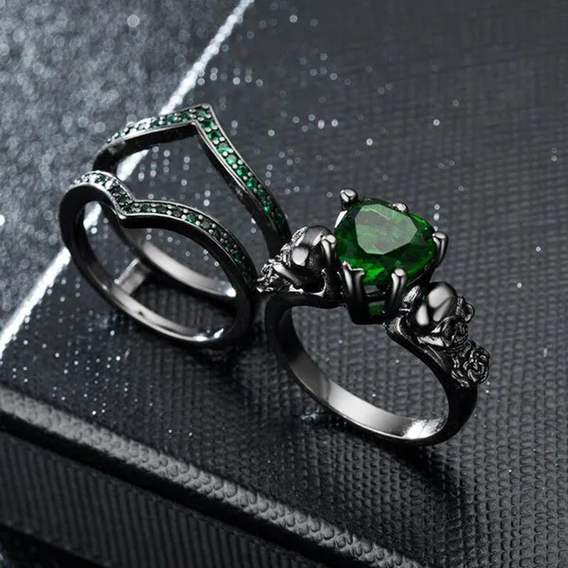 Gothic Skull Finger Black Female Wedding Rings Set for Women Girl Red Heart Crys