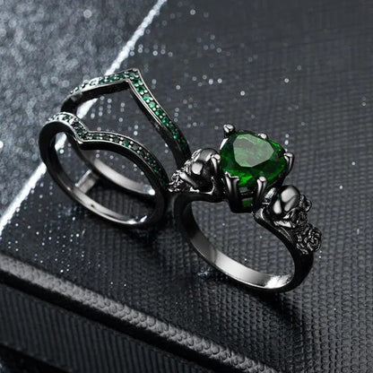 Gothic Skull Finger Black Female Wedding Rings Set for Women Girl Red Heart Crys