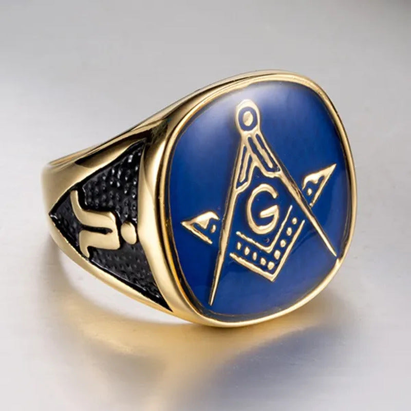 Gold Bluetitanium Steel Freemason Masonic Ring for Men Hip Hop Jewelry Religious
