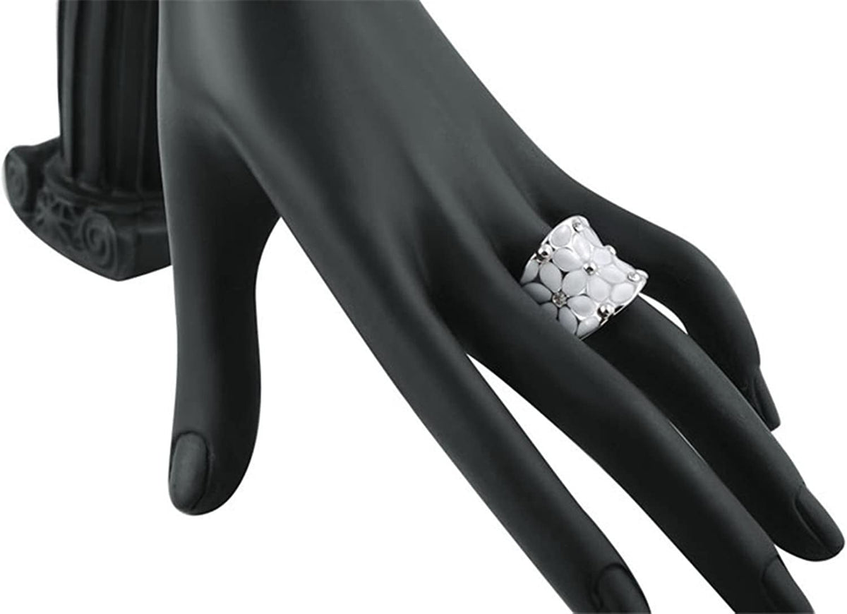 Womens Elegant Enamel Flower White Gold Band Bloom Petal Platinum Wedding Engage