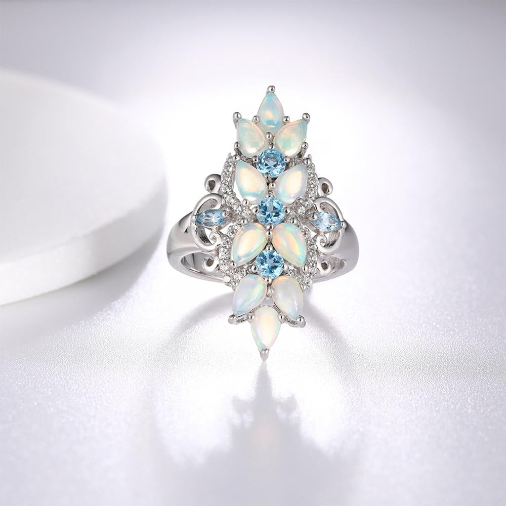 Original 925 Sterling Silver Rings for Women Natural Pear Opal Blue Topaz Gem