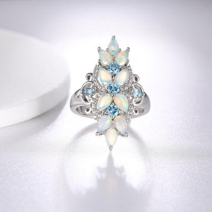 Original 925 Sterling Silver Rings for Women Natural Pear Opal Blue Topaz Gem