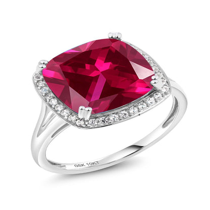 8.27 Ct Cushion Red Created Ruby White Created Sapphire 10K White Gold Ring