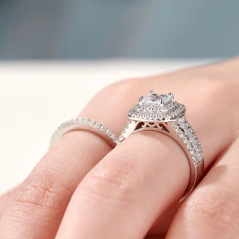 Newshe 925 Sterling Silver Halo Cross Cut Princess Cubic Zirconia Wedding Ring S