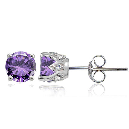 Amethyst and White Topaz Sterling Silver Crown Stud Earrings