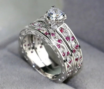 Heart 1Ct CZ Ruby 10KT White Gold Filled Claddagh Ring Sets Women'S Wedding Ring