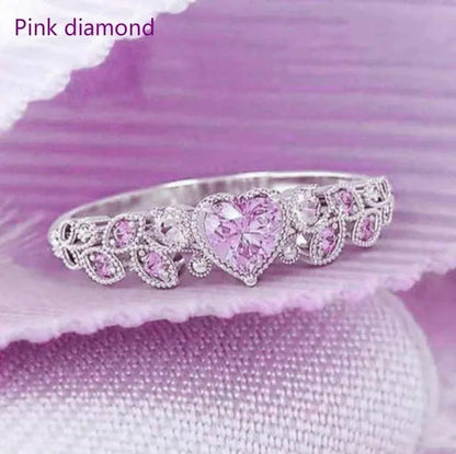 Exquisite Woman Fashion Sterling Silver Natural Pink Gem Rhinestones Leaf Heart