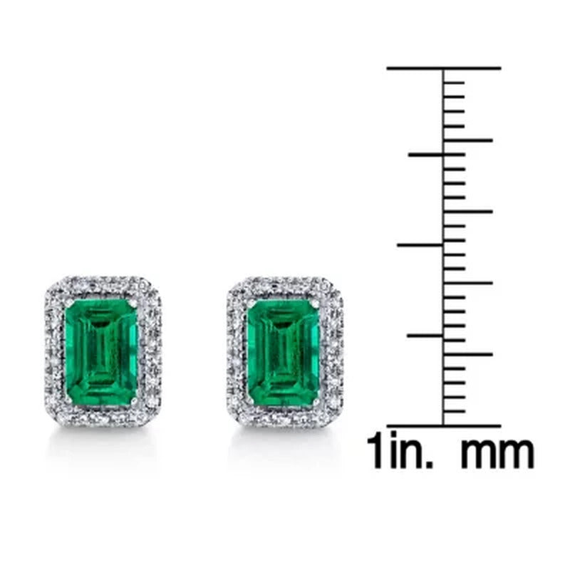 925 Sterling Silver Lab Created Emerald and 0.11 CT. T.W. Diamond Stud Earrings