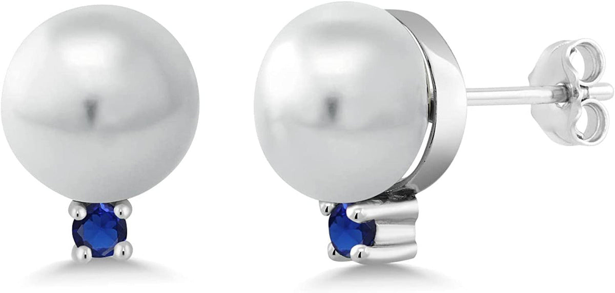 925 Sterling Silver 9MM Cultured Freshwater Pearl and round Blue Created Sapphir