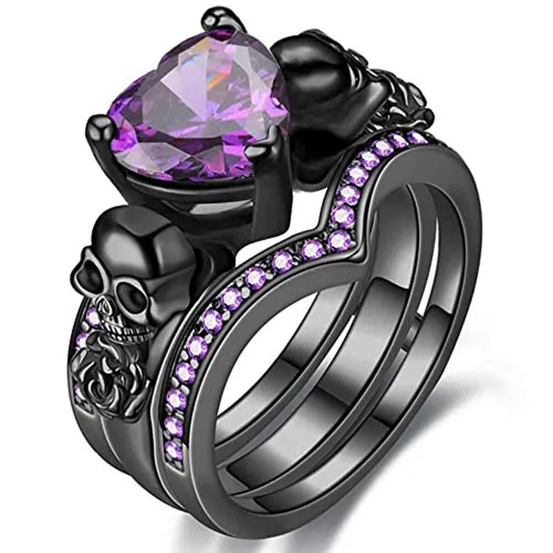 Gothic Skull Black Rings Set Women Rose Flower Red Purple Heart Love Zircon Crys