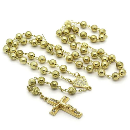 HOT Mens Hip Hop 8Mm GOLD Beads 14Kt Diamond-Shape Rosary & Jesus Cross Necklace