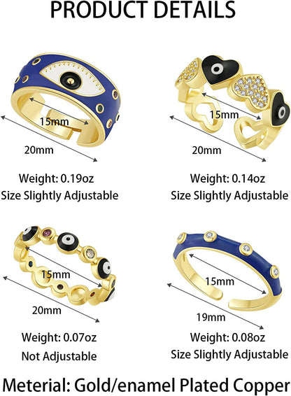 4PCS Evil Eye Ring Set Y2K Colorful Enamel Adjustable Gold Rings for Women Aesth
