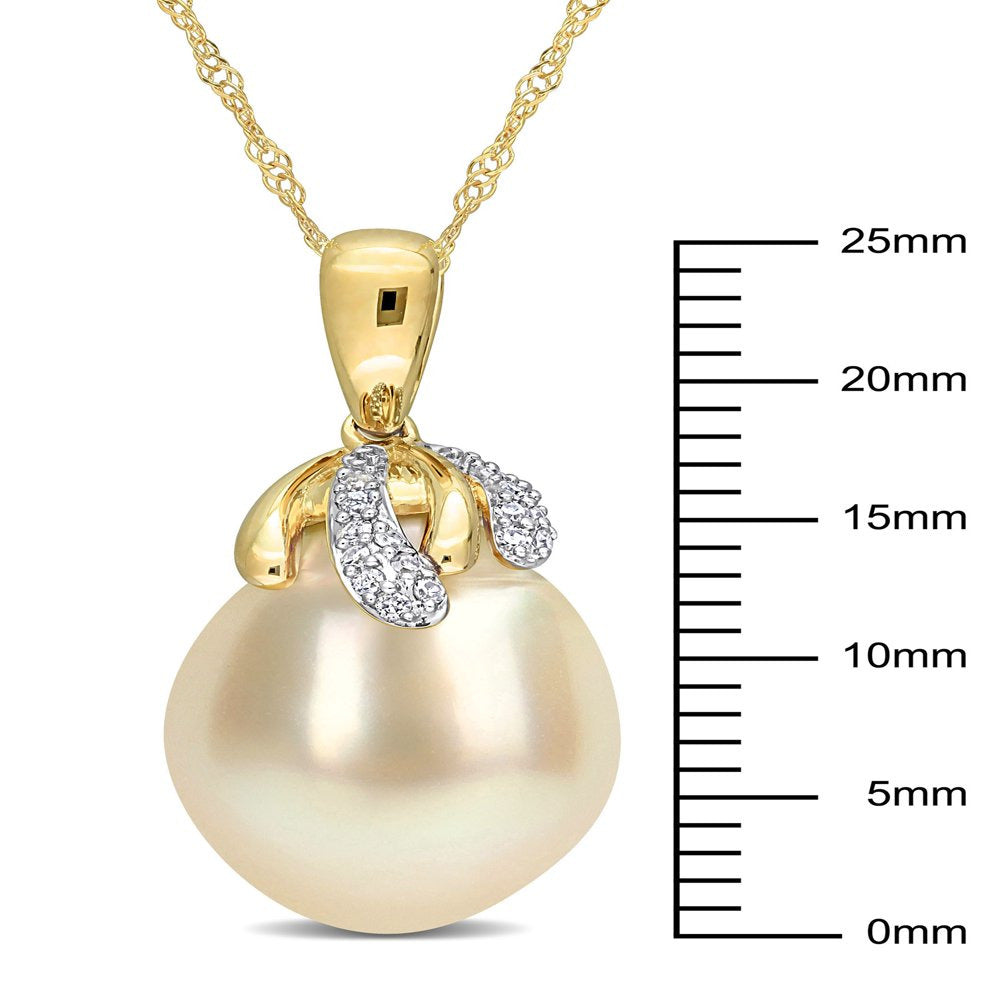9 -10Mm Drop White South Sea Cultured Pearl & Diamond Accent 14Kt Yellow Gold Cr
