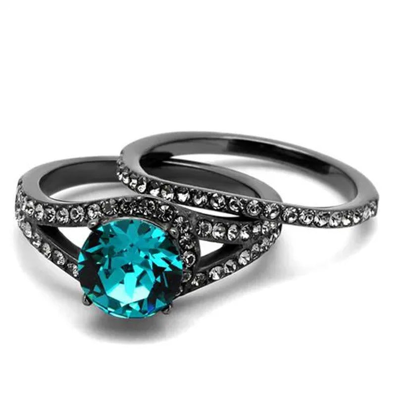 2.39 Ct Blue Zircon Crystal Gray Stainless Steel Wedding Ring Set Women'S Size 5