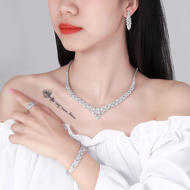 Popular Bridal Copper Zircon Necklace and Earrings Set of 4