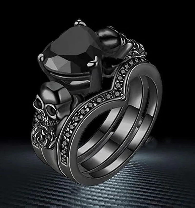 Gothic Skull Black Rings Set Women Rose Flower Red Purple Heart Love Zircon Crys