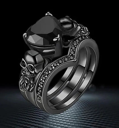 Gothic Skull Black Rings Set Women Rose Flower Red Purple Heart Love Zircon Crys