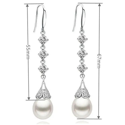 High Quality Temperament White Pearl Eardrop Earrings 925 Sterling Silver Long E
