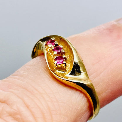 Three Stone Natural Red Ruby in Solid 14K Yellow Gold Ring | Size 6 |