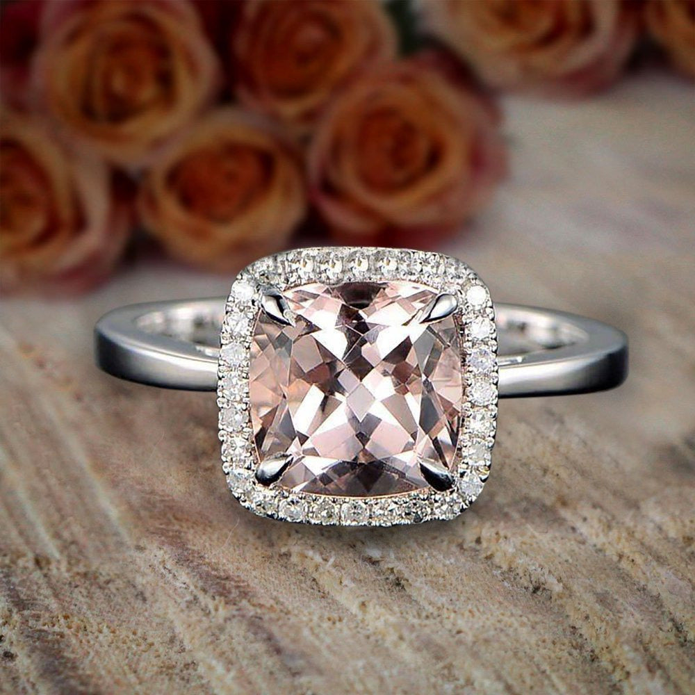 1.25 Carat Cushion Cut Peach Pink Morganite and Diamond Moissanite Halo Engageme
