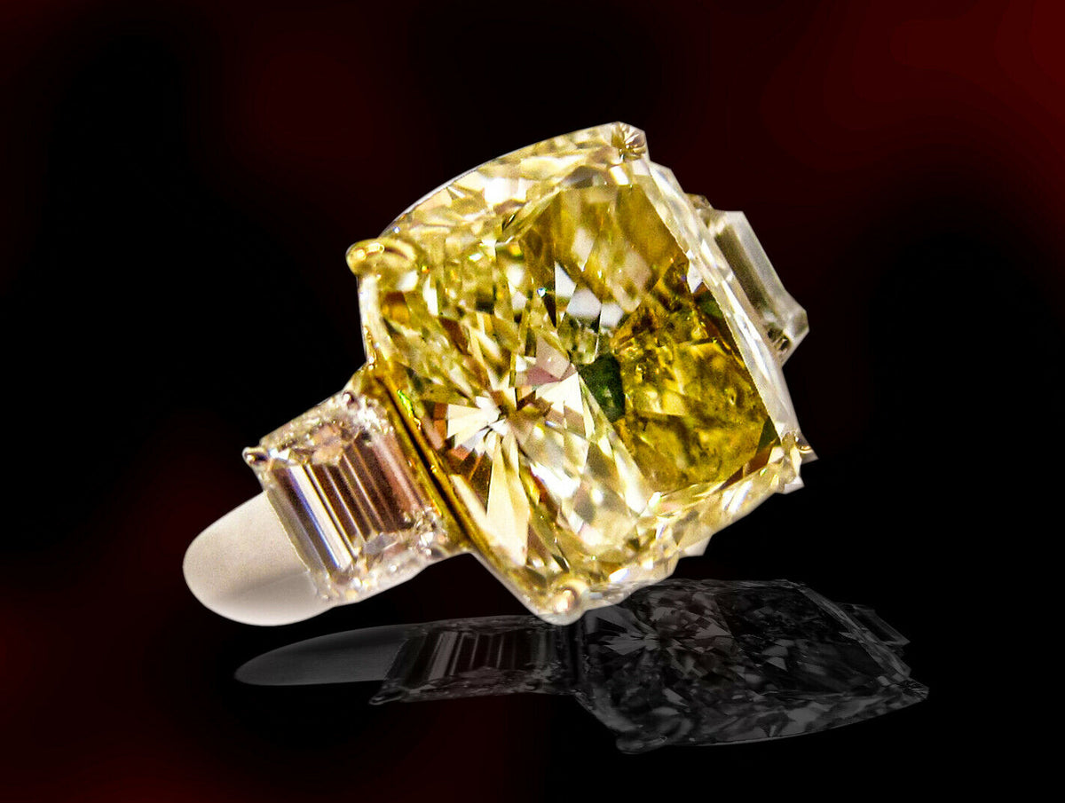 GIA Gemologist Fancy Yellow 10.06 Carat Cushion Cut Diamond Ring