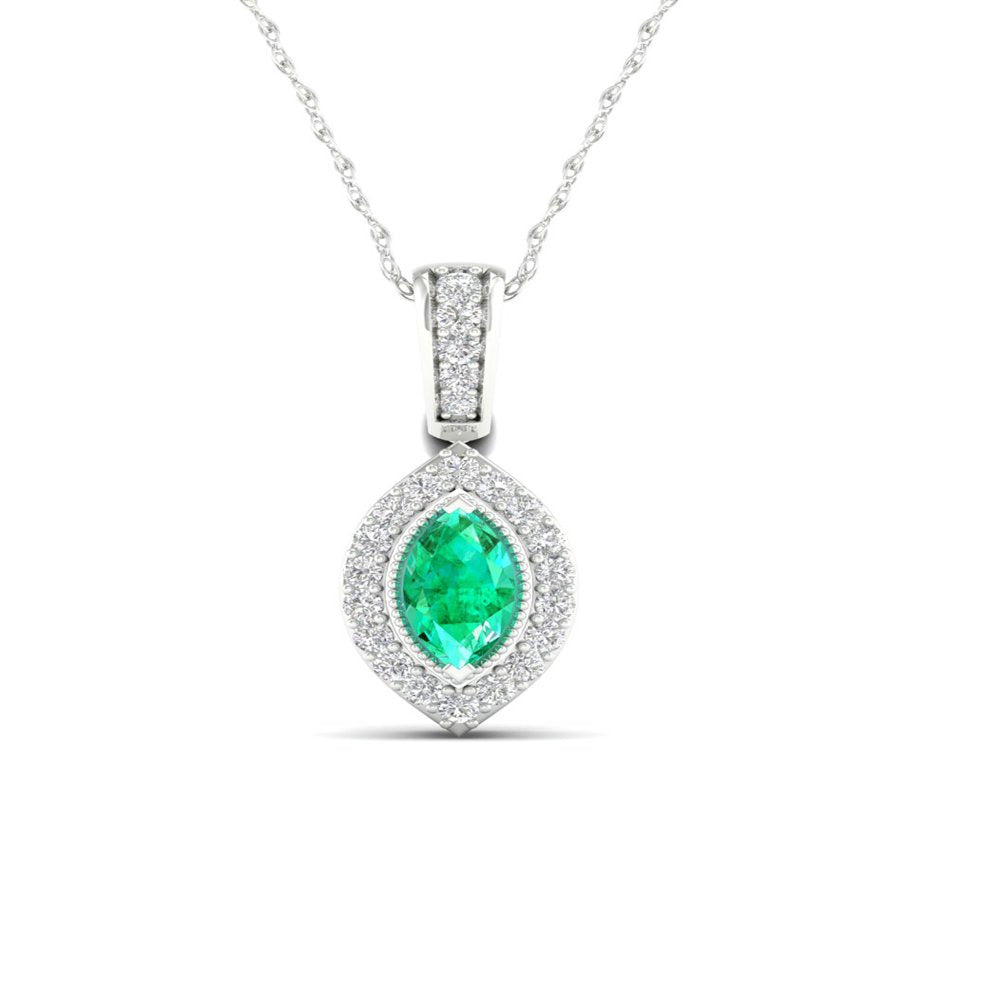 Imperial Gemstone 10K White Gold Marquise Cut Emerald 1/20 CT TW Diamond Halo Pe