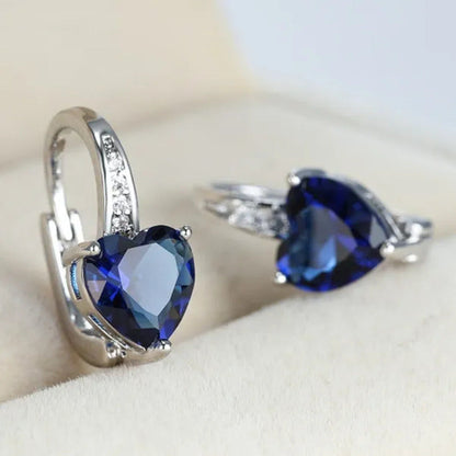 925 Solid Silver Heart Cut Blue Sapphire Hoop Drop Earrings for Women Bridal Wed