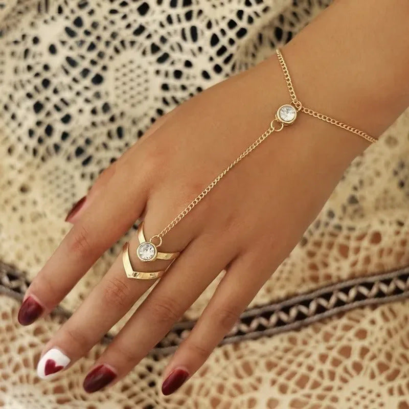 Vintage Gold Big Crystal Ring Bracelet Wrist Chain Jewelry Fashion Hand Back Ban