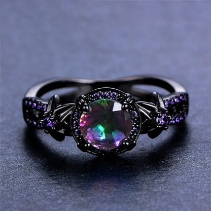 Bamas Mystic Rainbow Fire Topaz Flower Ring Purple Amethyst Black Gold Color Jew