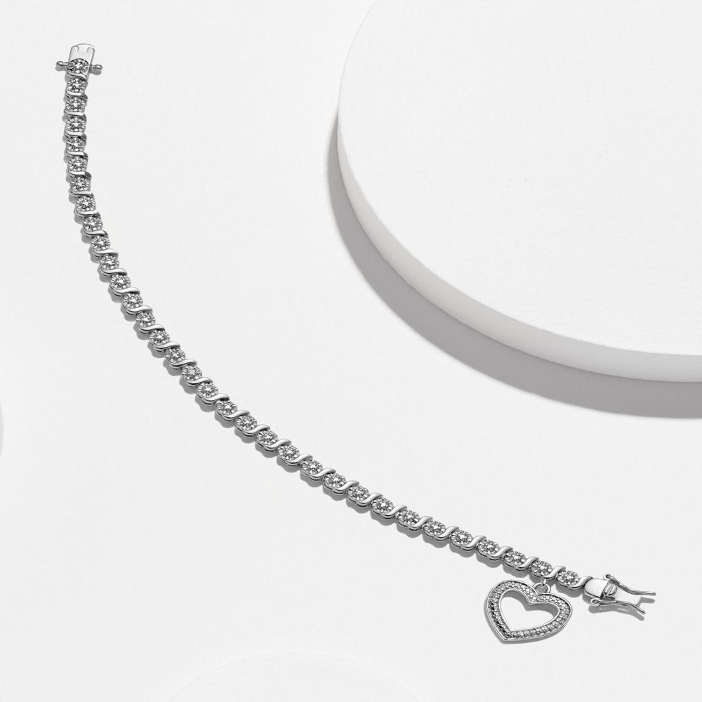 Rhodium Plated Diamond Accent Open Heart Charm Tennis Bracelet, 7.25"