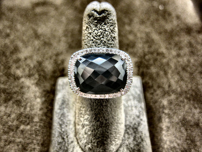 ONYX CUSHION FACETED CENTER DIAMOND 3.40 CT ROUND BLACK AND WHITE SIDE SET RING