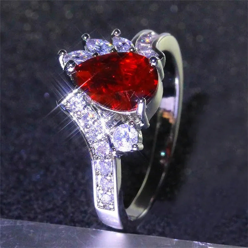New 925 Sterling Silver Fashion Natural Ruby Angel Teardrop Diamond Ring Engagem