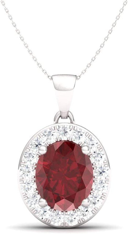 Natural and Certified Oval Cut Gemstone and Diamond Petite Necklace in 14K White