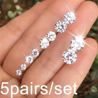 5Pairs/ Set Geometric Crystal Wedding Elegant Stud Earrings Set Charm Simple Wom