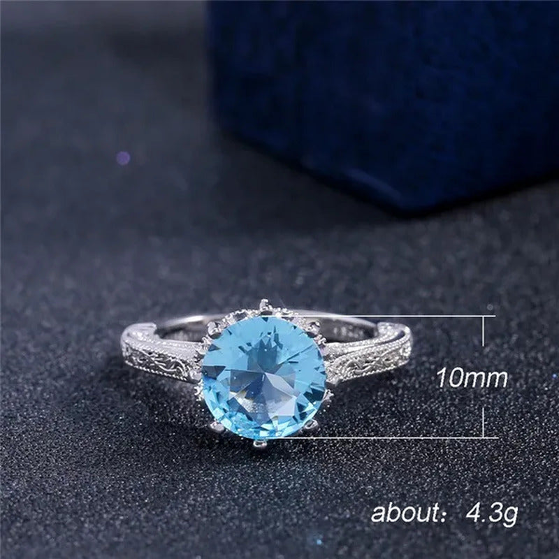 Fashion 2.0Ct round Cut Aquamarine Gemstone Ring Exquisite Silver Carver Flower