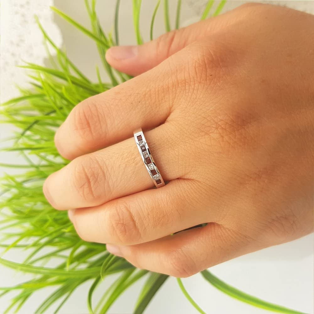 10K Gold Princess Cut Garnet & White Diamond Ladies Anniversary Wedding Band Sta
