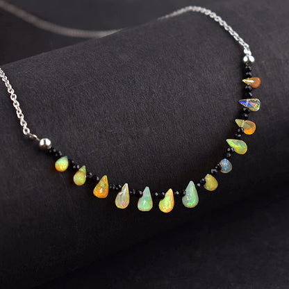 ® Ultra Premium Natural Welo Opal Drops & Black Spinel Gemstone Beads Dainty Nec