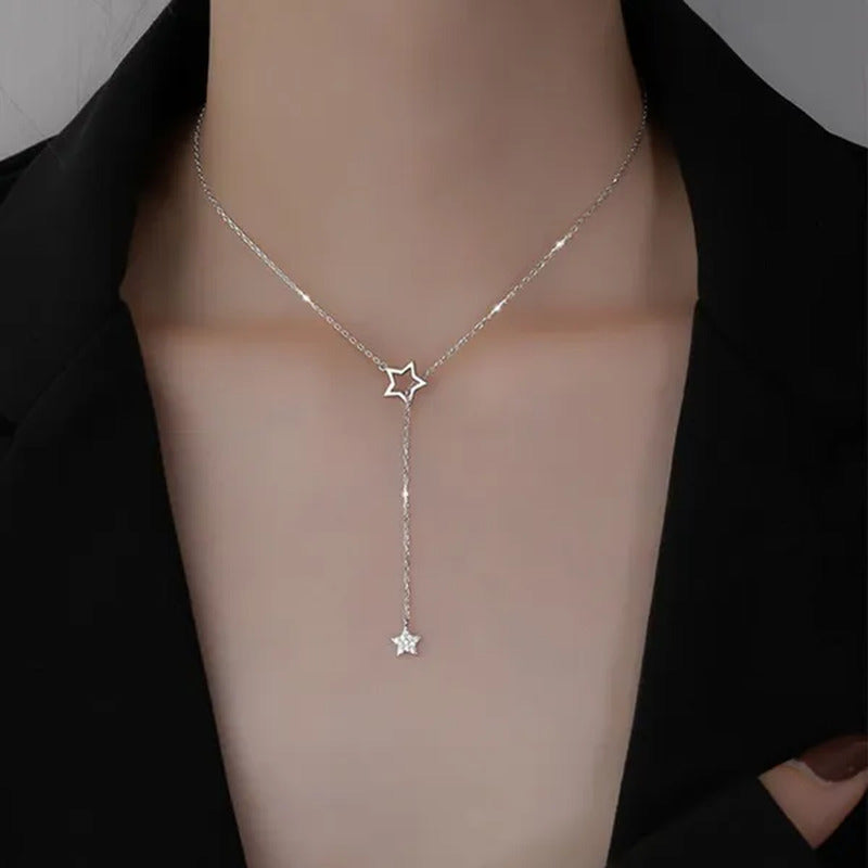 Women'S Fashion Jewelry Simple Diamond Pentagram Pendant Necklace Tassel Clavicl