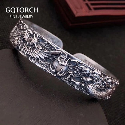 Real 999 Pure Silver Dragon and Phoenix Bangles for Men Heart Sutra Engraved