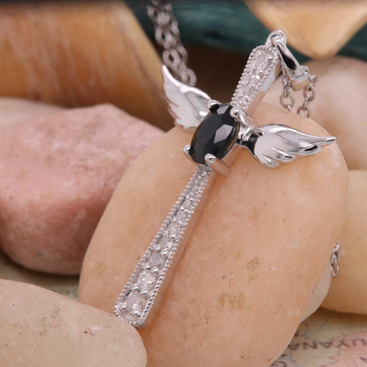 6X4 MM Oval Gemstone & round Diamond Angel Cross Pendant (Silver Chain Included)