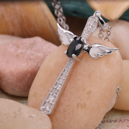 6X4 MM Oval Gemstone & round Diamond Angel Cross Pendant (Silver Chain Included)