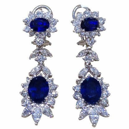 4 OVAL BLUE SAPPHIRES SET WITH MARQUISE ROUND BRILLIANT SHAPE DIAMOND EARRING